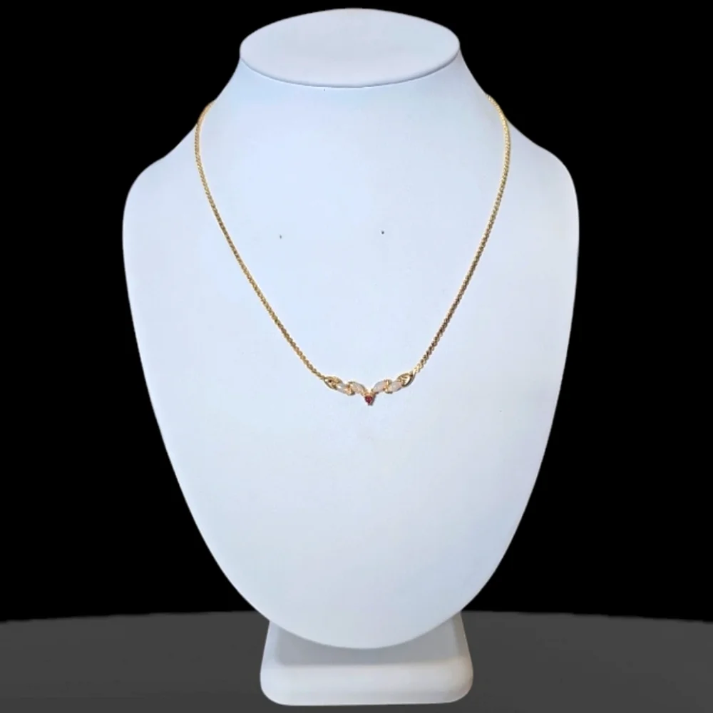 Beautiful Vintage Gold Tone Necklace With Opal And Pink Ruby Necklace.